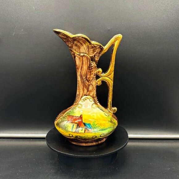 Quaregnon Belgium Other - Vintage 1950's Quaregnon Belgium Pottery Hand Painted Ewer Pitcher Vase 10 X 6